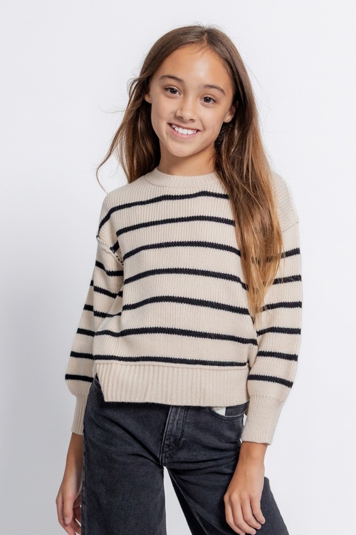 Girls Drop Shoulder Puff Sleeve Striped Sweater