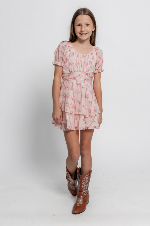 Katie J NYC Girls Delilah Dress in Rose Floral Stripe