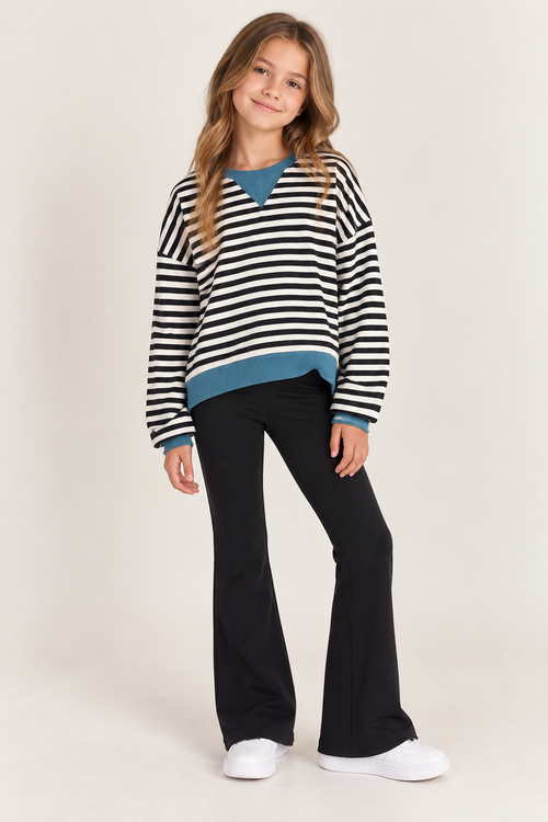 Girls Banded Detail Ribbed Stripe Top