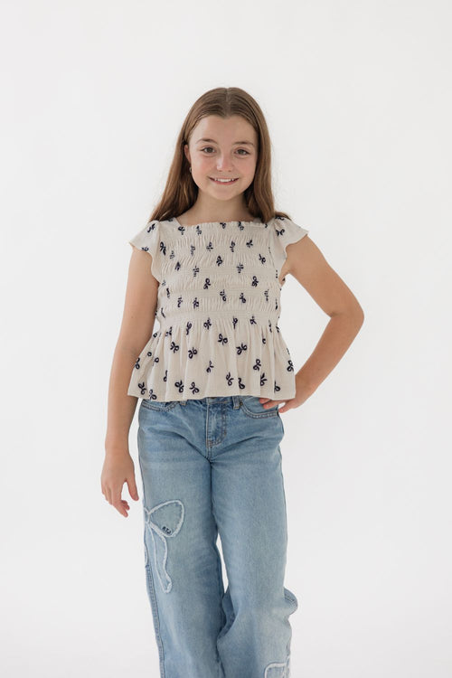 Girls Flutter Sleeve Smocked Top