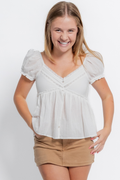 V Neck Puff Sleeve Button Down Top