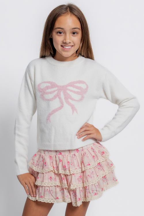 Katie J Girls Maggie Sweater in Cream/Pink Bow