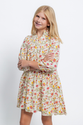 Girls Smocked Neckline Floral Puff Sleeve Dress