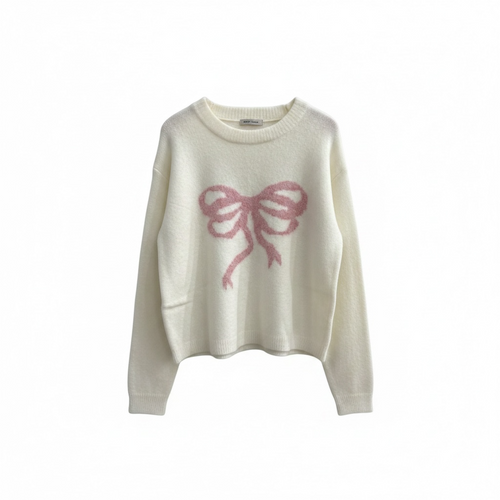 Katie J Girls Maggie Sweater in Cream/Pink Bow