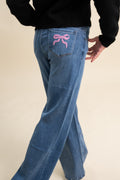 Bow Embroidered Pocket Wide Leg Denim Pants By Tractr