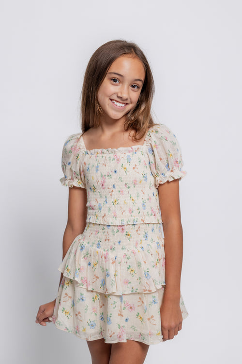 Katie J Girls Laney Dress in Cream Tossed Floral