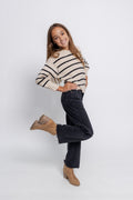 Girls Drop Shoulder Puff Sleeve Striped Sweater