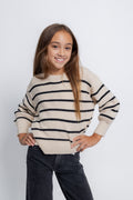 Girls Drop Shoulder Puff Sleeve Striped Sweater