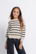 Girls Drop Shoulder Puff Sleeve Striped Sweater