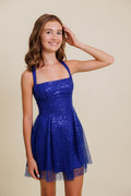 Lucy in the Sky Sequin Beaded Fit and Flare Dress in Blue