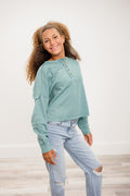 Henley Raw Edge Detail Casual Waffle Knit Top
