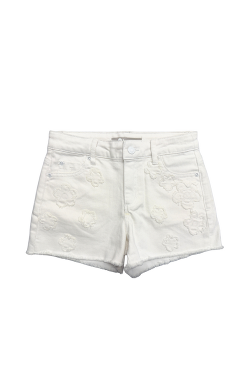 Floral Patch Floral Hem Denim Shorts in White Denim by Tractr