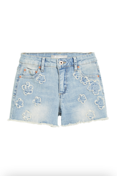 Floral Patch Floral Hem Denim Shorts in Indigo by Tractr