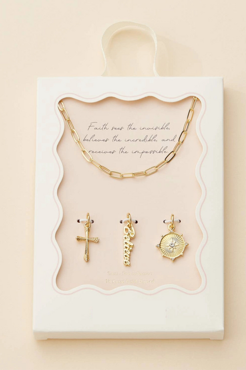 Cross, Believe, and Compass Gold Dipped 18K Charms Necklace