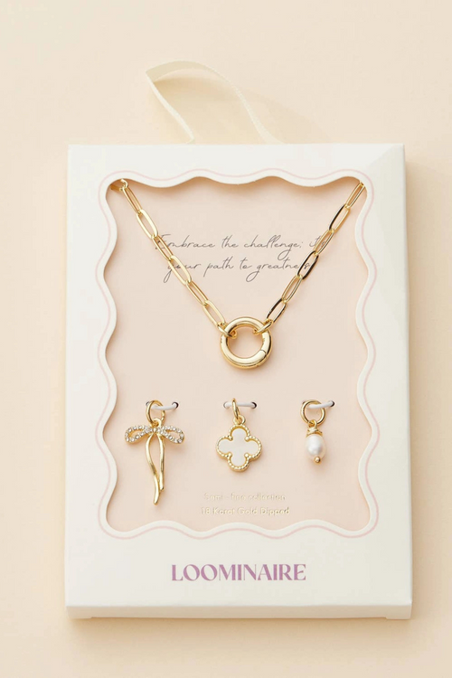 Gold Dipped Bow Charm Necklace with Clover and Pearl