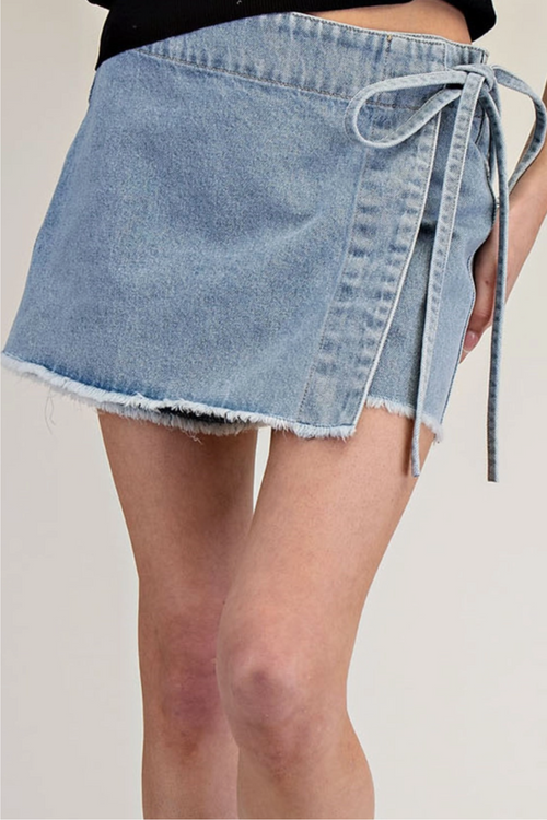 Denim Wrap Tie Waist Skort