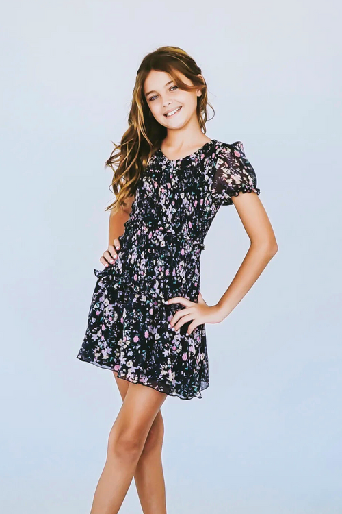Flowers by Zoe Chiffon Smocked Short Sleeve Dress