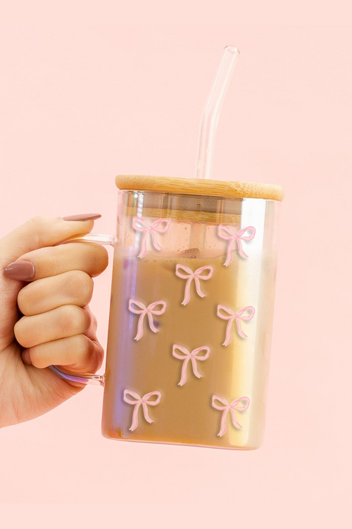 Pink Bows Square Glass Cup