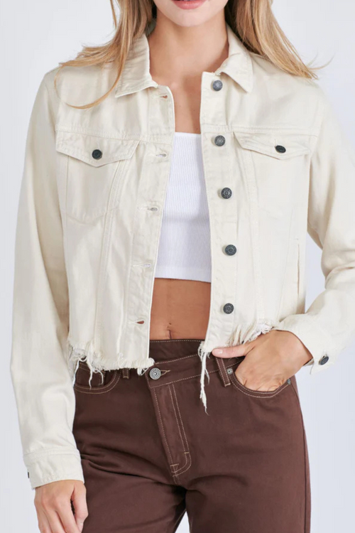 Rebel Cream Frayed Denim Jacket by HIDDEN