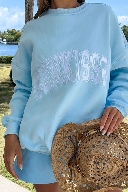 Sunkissed Coconut Icy Blue Varsity Embroidered Sweatshirt