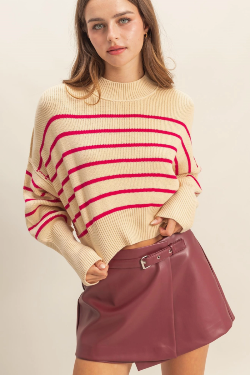 Striped Mock Neck Long Sleeve Sweater in Magenta