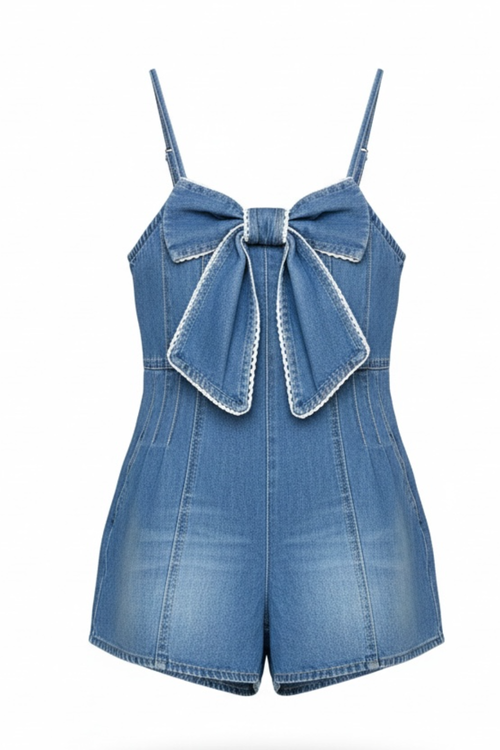 Girls Denim Bow Romper By Peach Love California