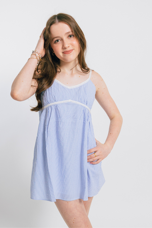 Katie J Juniors Bloom Dress in Blue Seersucker