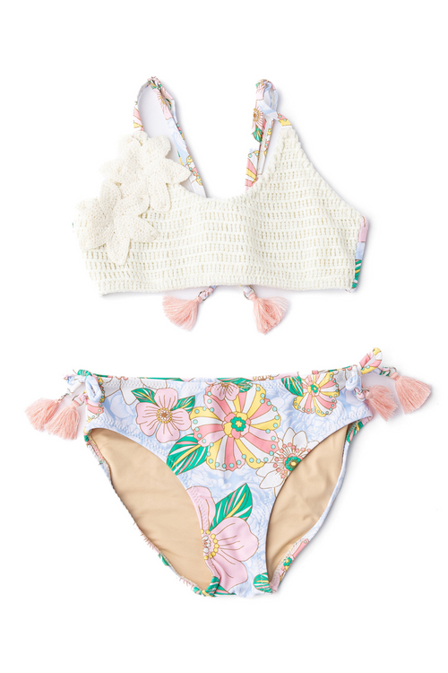 Retro Floral Tween Crochet Two Piece Swimsuit