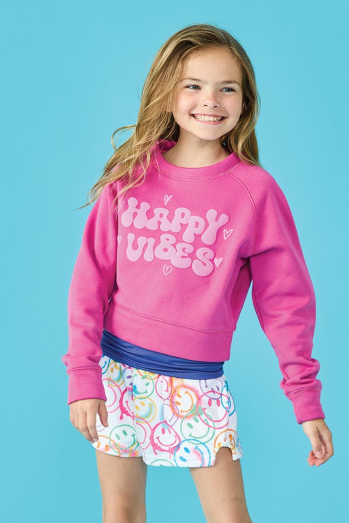 Happy Vibes Puff Print Pink Sweatshirt