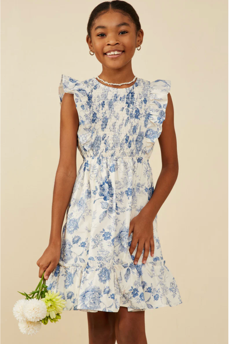 Girls Blue Floral Smocked Ruffle Dress