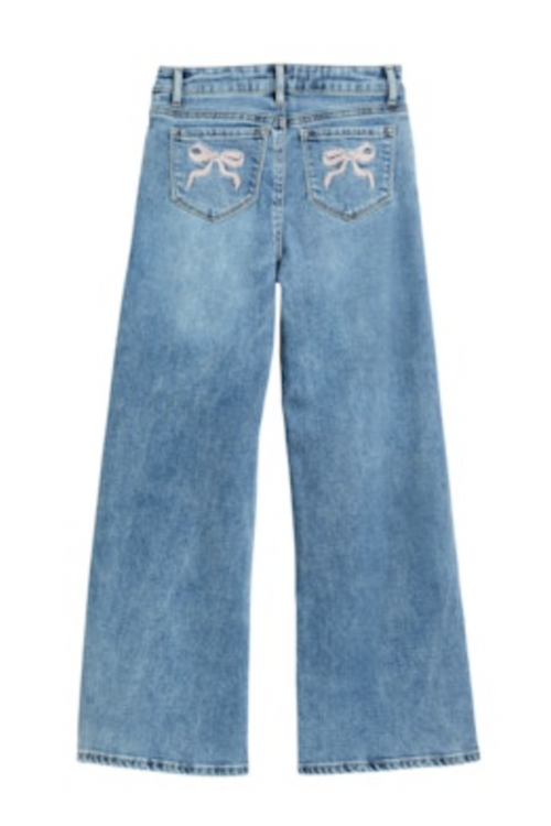 Bow Embroidered Pocket Wide Leg Denim Pants By Tractr