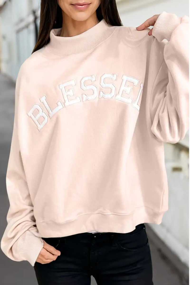 Blessed Embroidered Mock Neck Sweatshirt