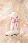 Cowboy Boot Christmas Ornament with Glitter Pink Bow