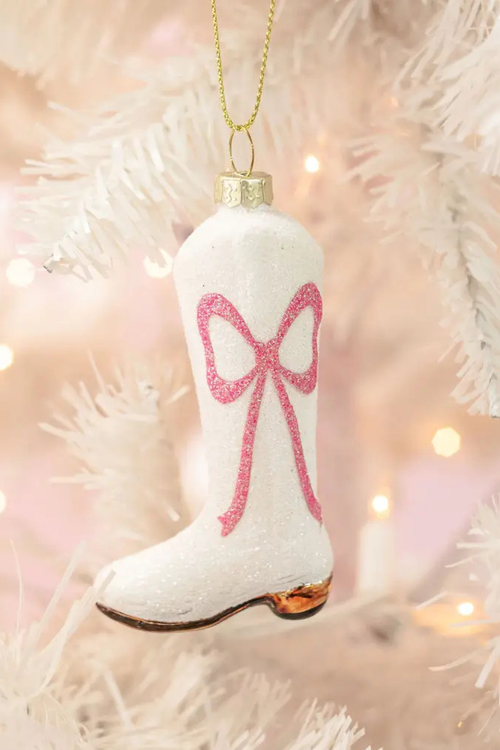 Cowboy Boot Christmas Ornament with Glitter Pink Bow