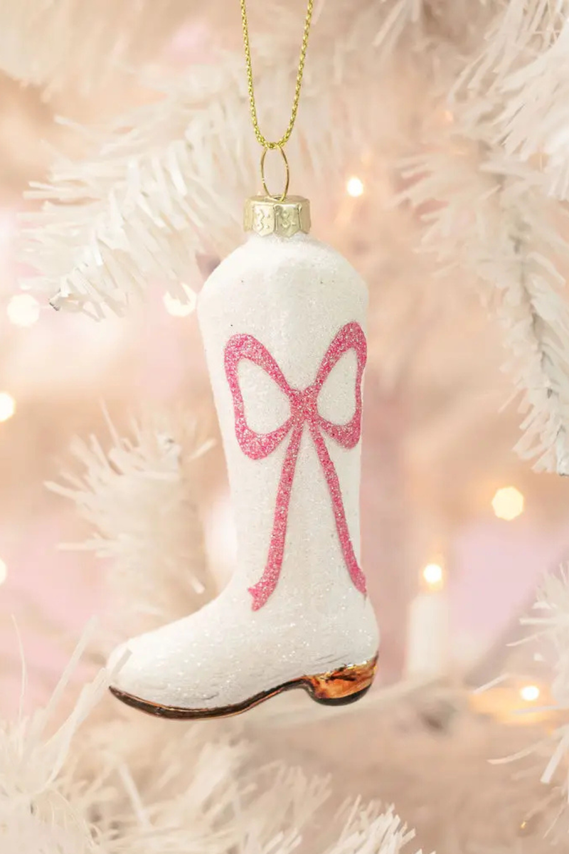 Cowboy Boot Christmas Ornament with Glitter Pink Bow