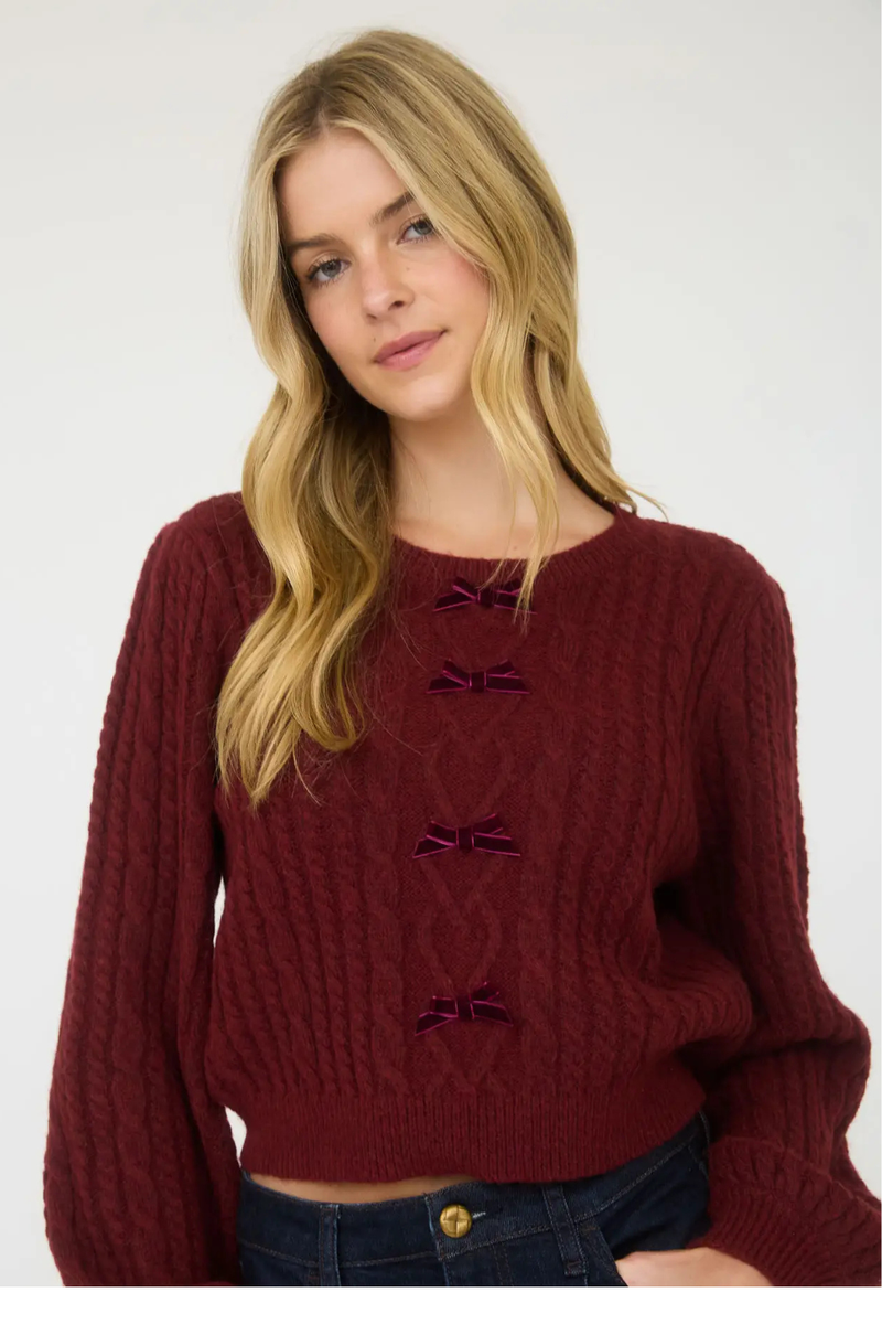 Cable Knit Bow Sweater in Burgundy