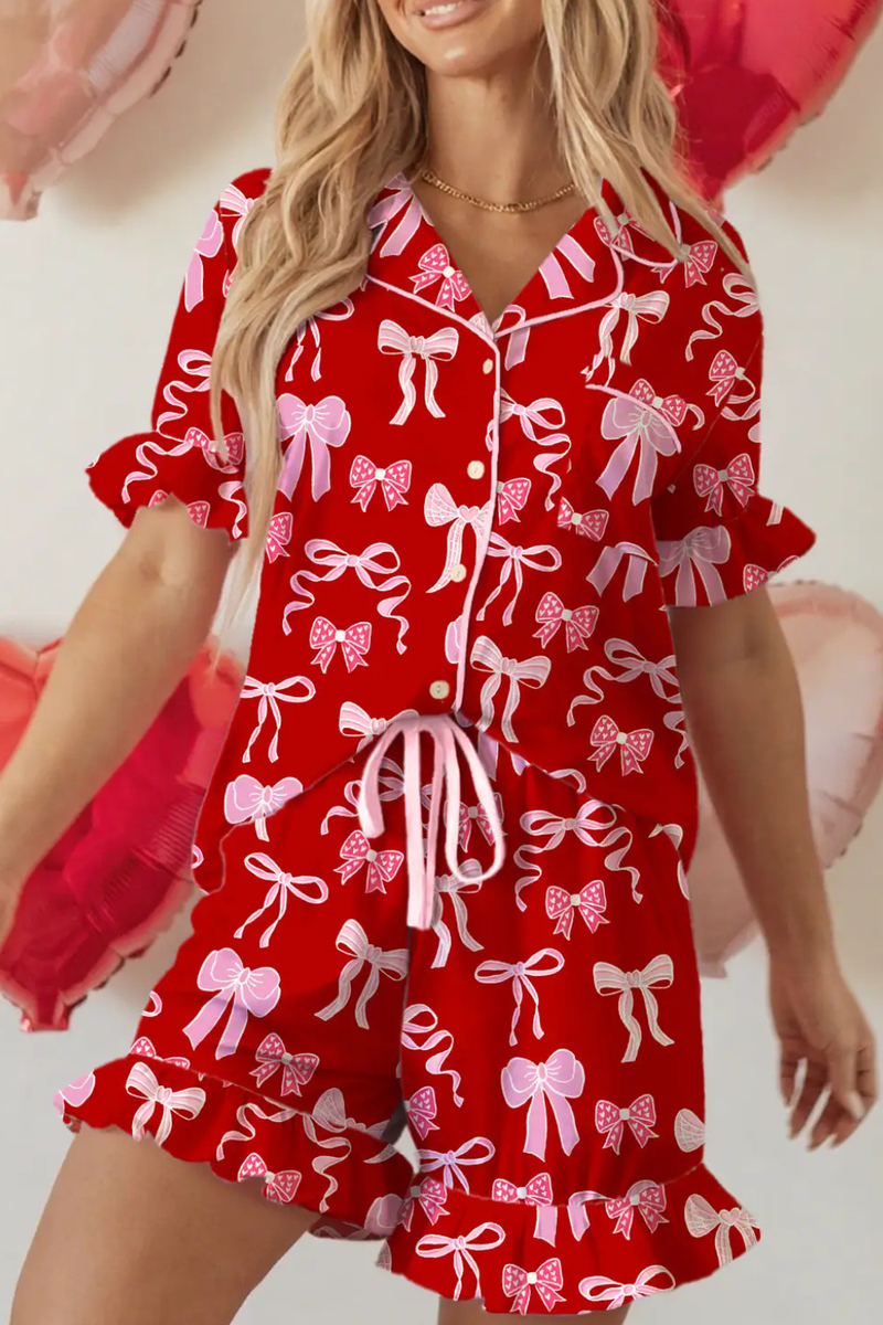 Valentine's Bow Print 2pcs Shorts Pajama Set
