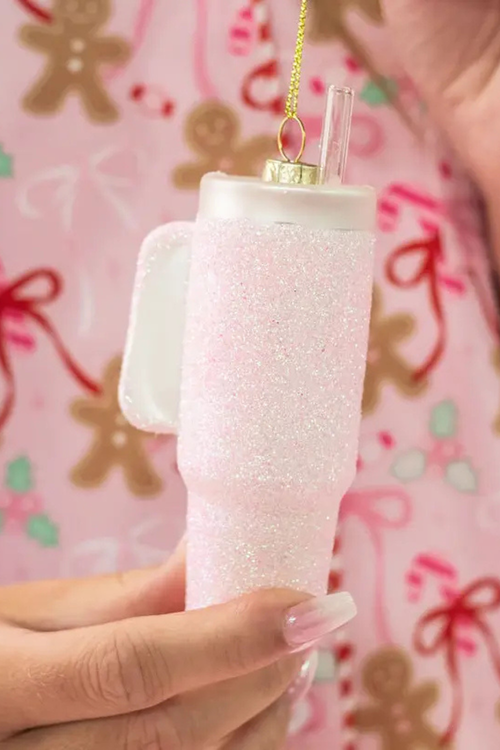 Pink Glittered Trendy Tumbler Christmas Ornament