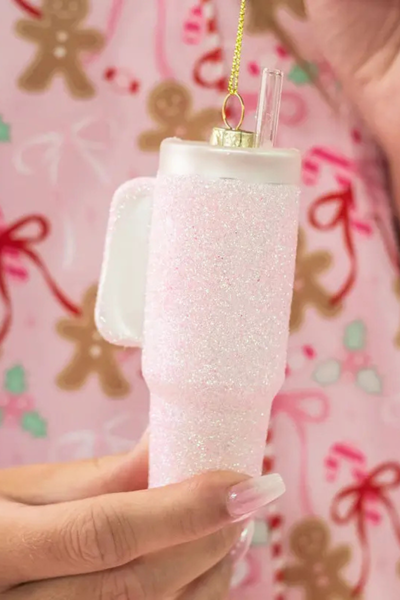 Pink Glittered Trendy Tumbler Christmas Ornament