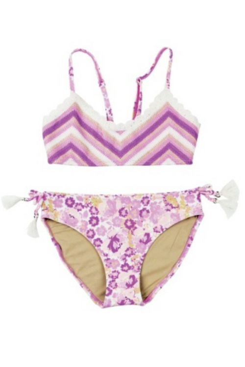 Purple Ditsy Floral Girls Crochet Two Piece Swimsuit