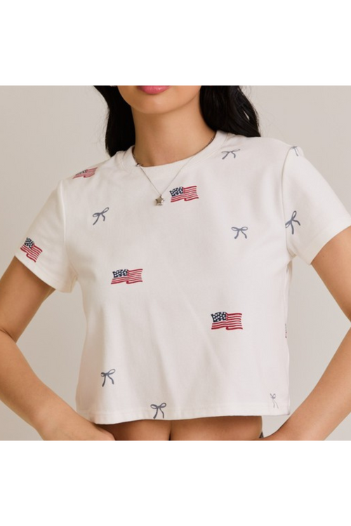 USA Flag With Bow Crew Neck Baby Tee