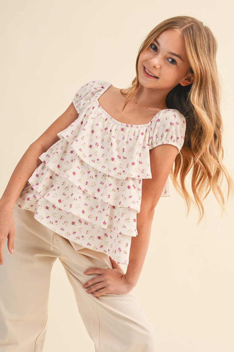 Girls Floral Ruched Shoulder Ruffle Top