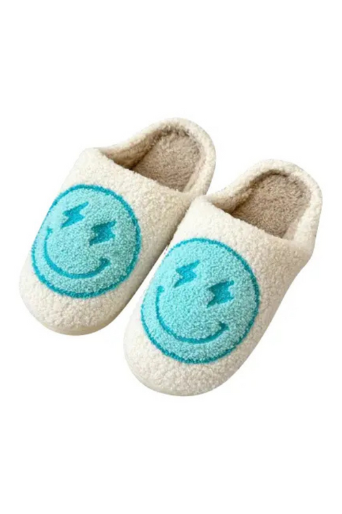 Cozy Plush Happy Face With Lighting Bolts Slippers