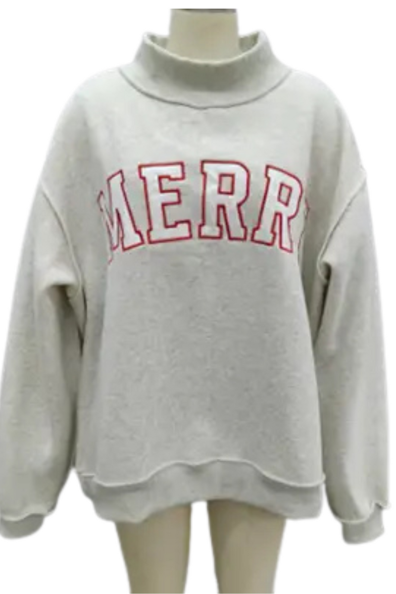'MERRY' Embroidered Mock Neck Sweatshirt