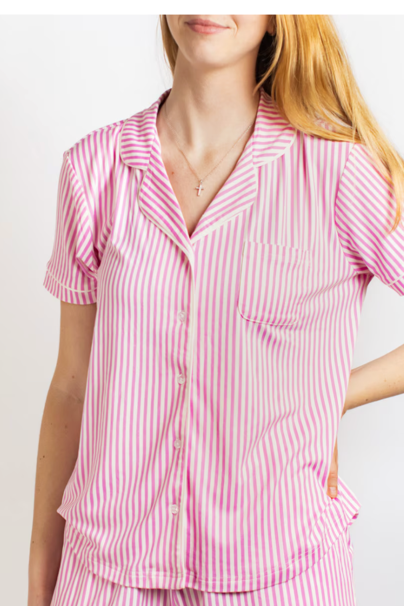 Pinstripe Short Sleeve Button Up Sleep Shirt
