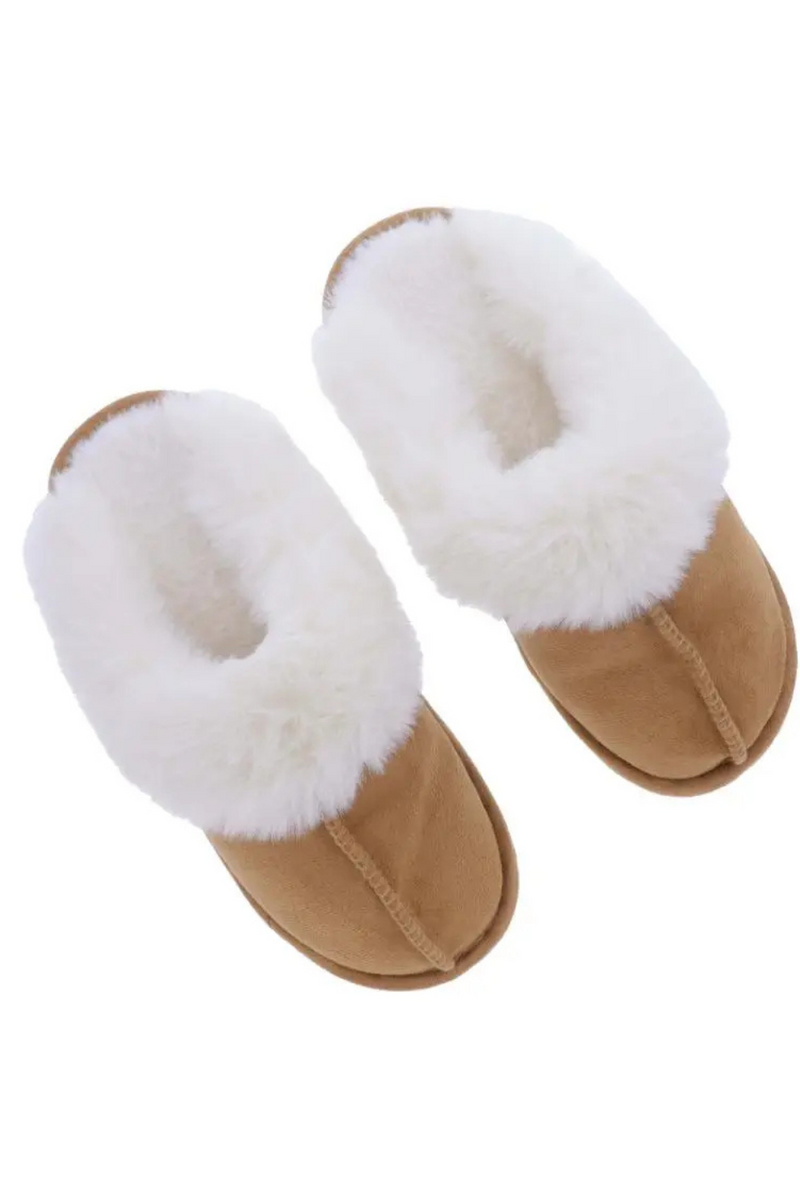 Tan Suede Closed Toe Slippers With Fur Lining