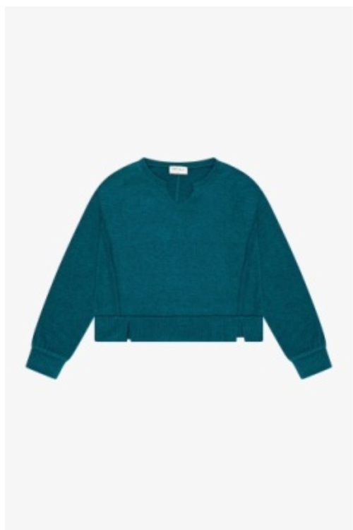 Hacci Jersey Cropped Split Neck Tunic in Teal By TENLY