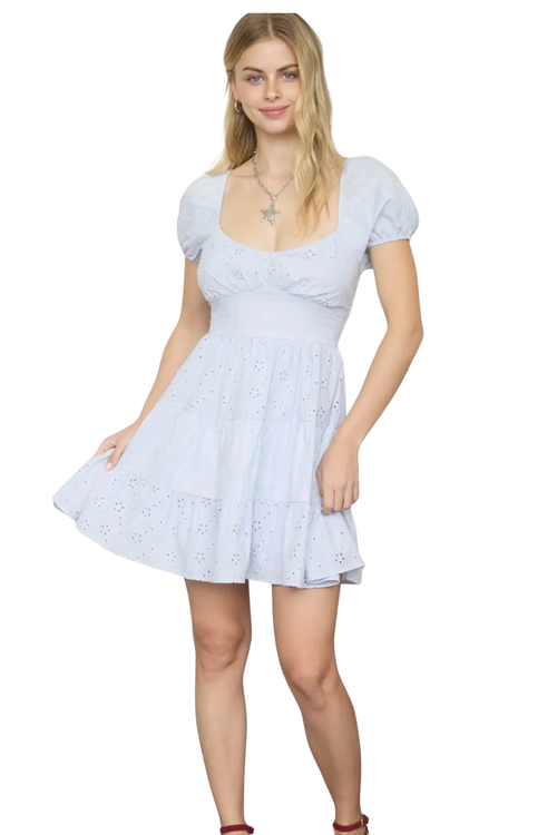 Emmy Eyelet Puff Sleeve Tiered Mini Dress