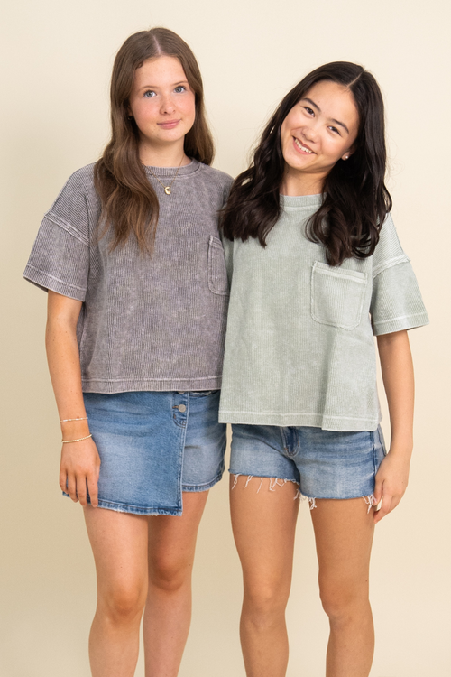 Washed Ribbed Short Sleeve Tee With Pocket