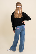 Bow Embroidered Pocket Wide Leg Denim Pants By Tractr
